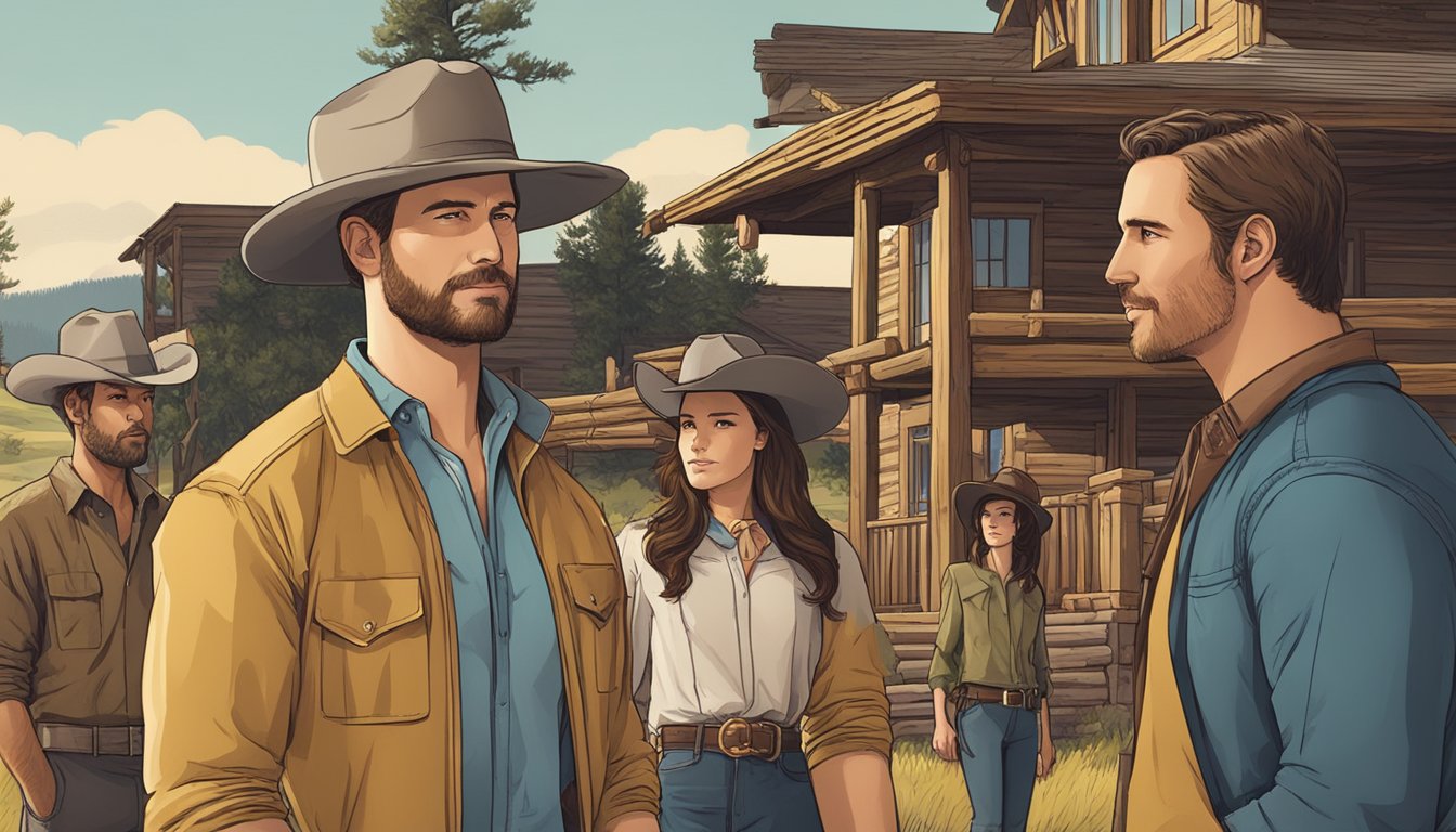 Jamie Dutton stands confidently, engaging with other main characters in a lively conversation at the Yellowstone ranch