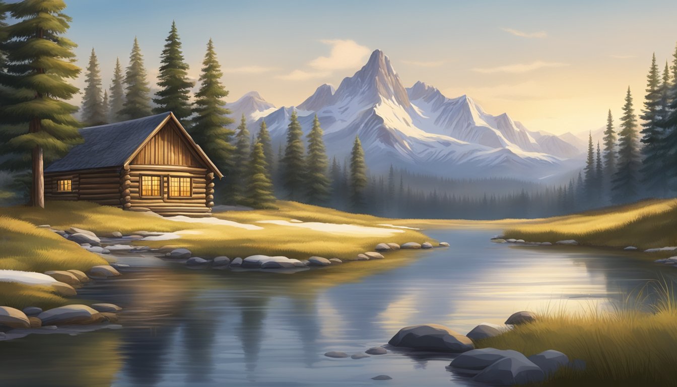 A serene landscape with a rustic cabin nestled among towering pine trees, with a clear stream flowing nearby and snow-capped mountains in the distance