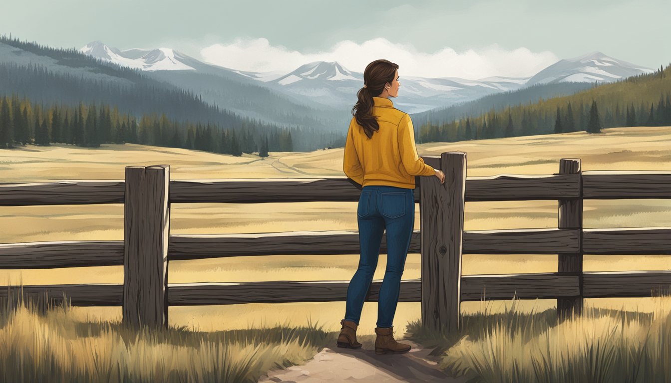 Monica Dutton stands in front of a rustic wooden fence, gazing out at the sprawling Yellowstone landscape with a look of determination on her face