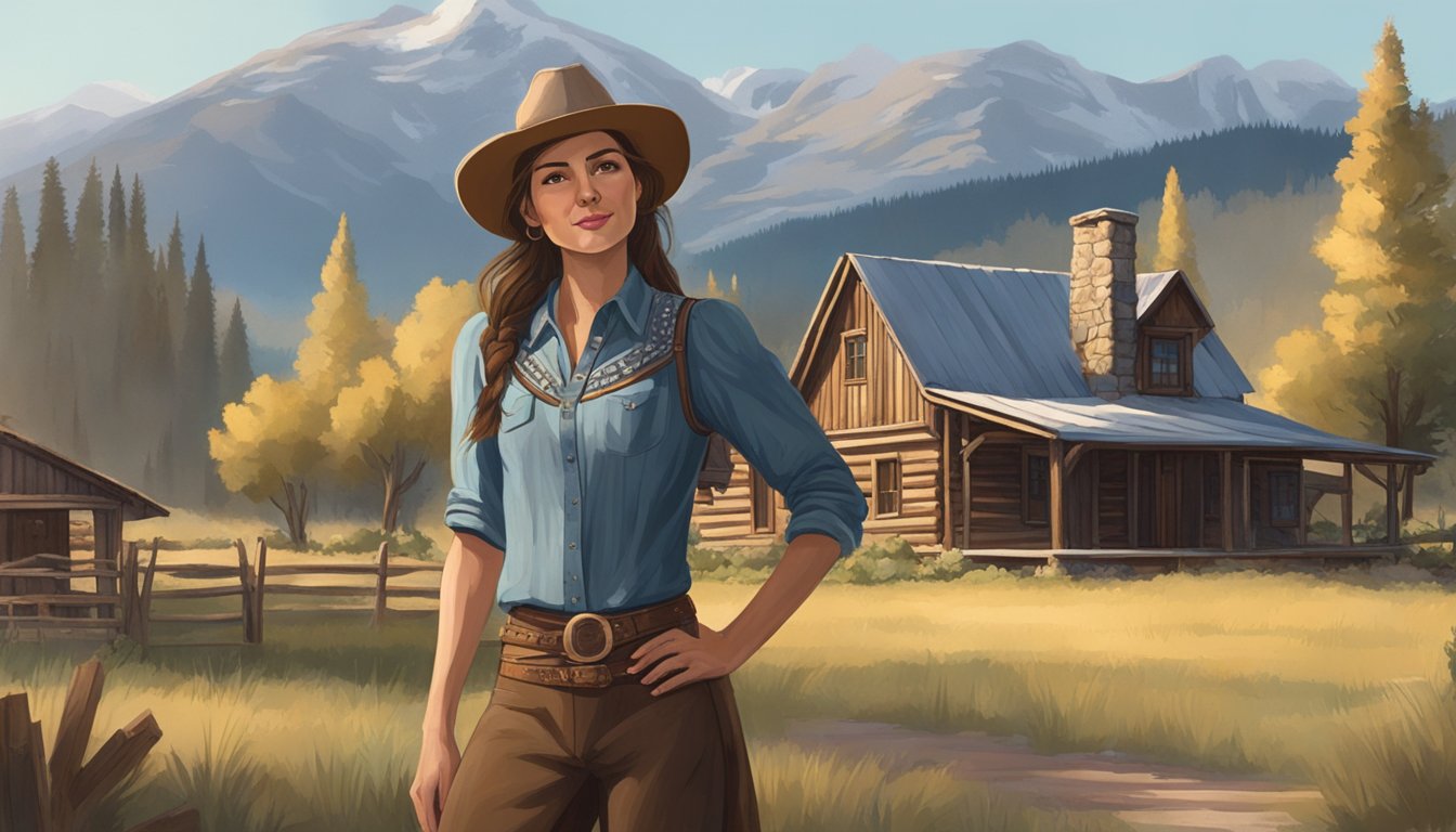 A young woman in western attire stands in front of a rustic ranch house with mountains in the background