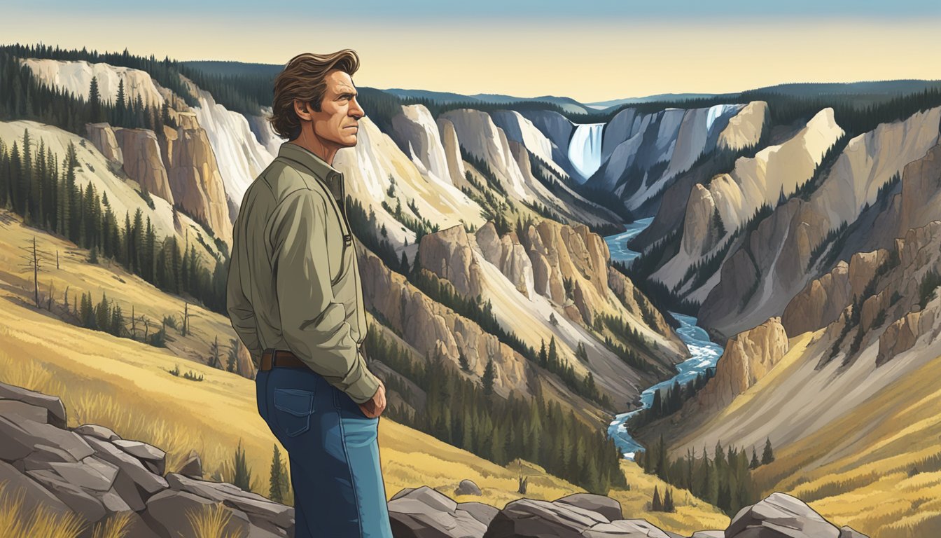 Rip Wheeler stands tall, gazing out over the rugged landscape of Yellowstone, his expression reflecting both strength and vulnerability