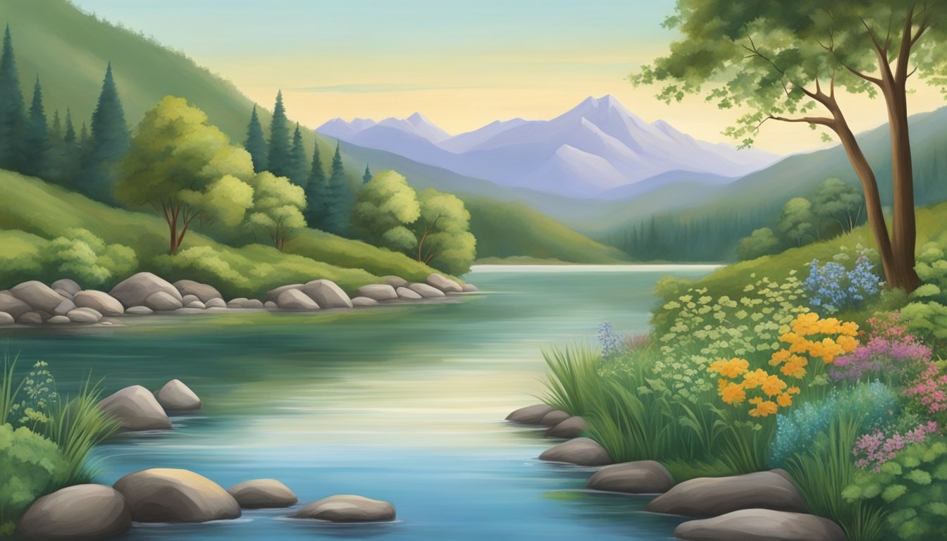 A serene landscape with mountains in the background and a tranquil river flowing through the foreground. The scene is filled with lush greenery and wildlife, capturing the essence of Monica Dutton's connection to nature