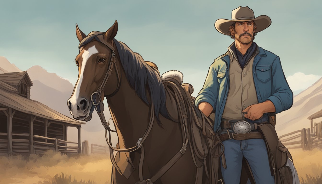 Rip Wheeler standing beside a horse, wearing a cowboy hat and rugged clothing, with a determined expression on his face