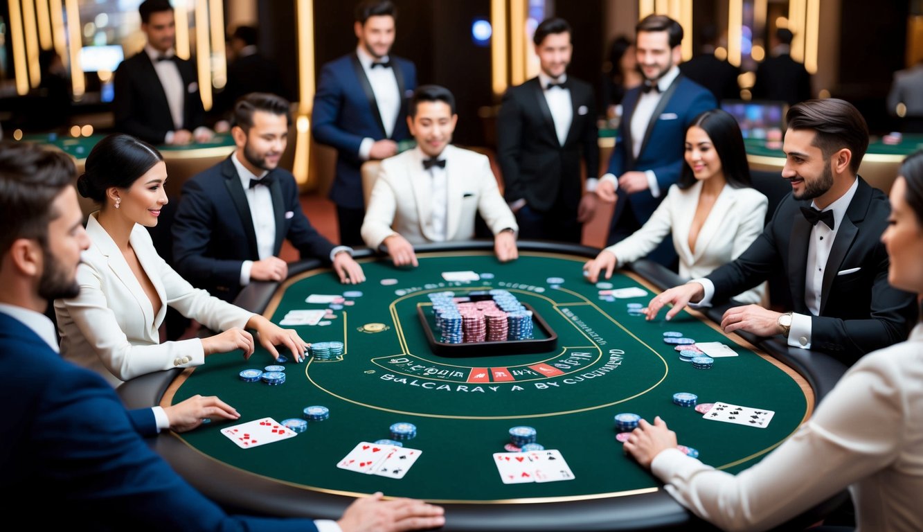 Sebuah meja kasino modern yang ramping dengan kartu dan chip virtual, dikelilingi oleh sekelompok pemain yang berpakaian gaya terlibat dalam permainan Baccarat online.