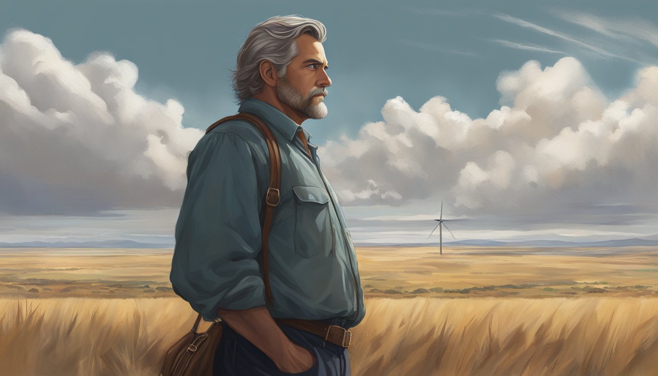 Thomas Rainwater stands tall, surveying his land with a steely gaze. The wind whips through the open plains, as his presence exudes power and determination