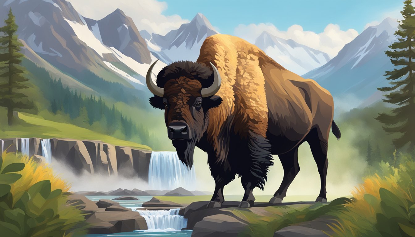 A majestic bison stands in front of a waterfall, surrounded by towering mountains and lush greenery