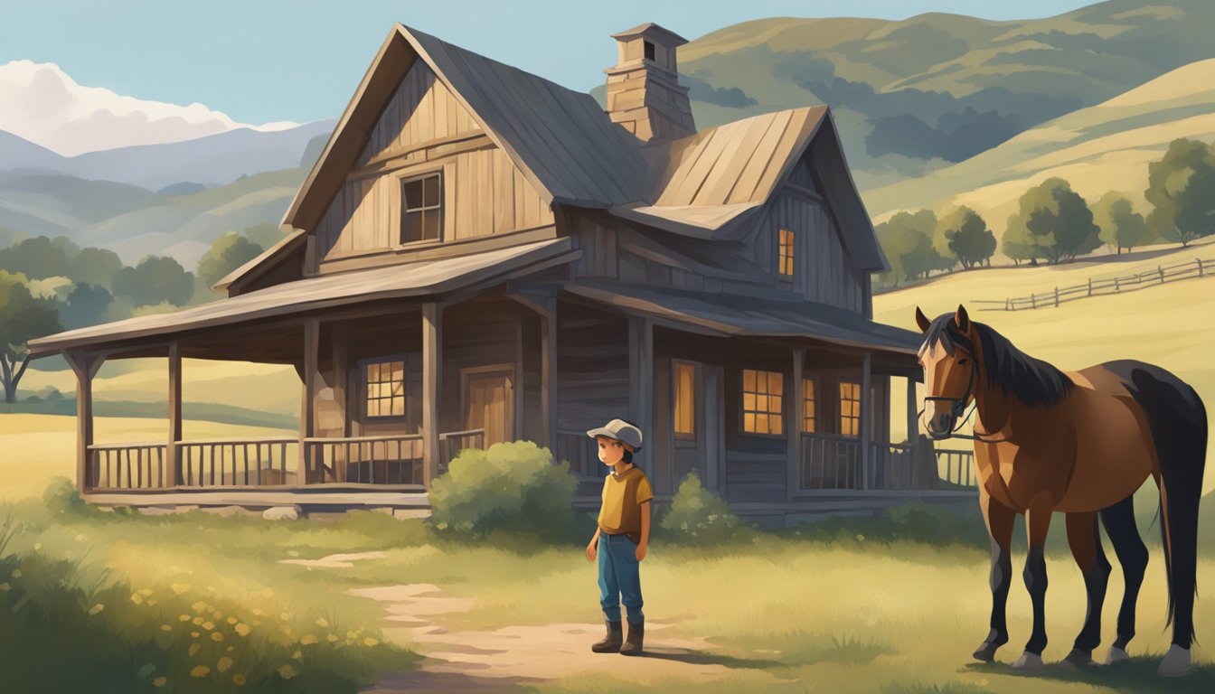 A young boy stands in front of a rustic ranch house, surrounded by rolling hills and grazing horses. He looks contemplative, with a sense of longing in his eyes