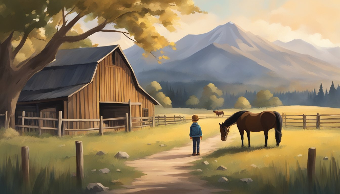 A young boy stands in front of a rustic barn, surrounded by grazing horses and a picturesque mountain backdrop