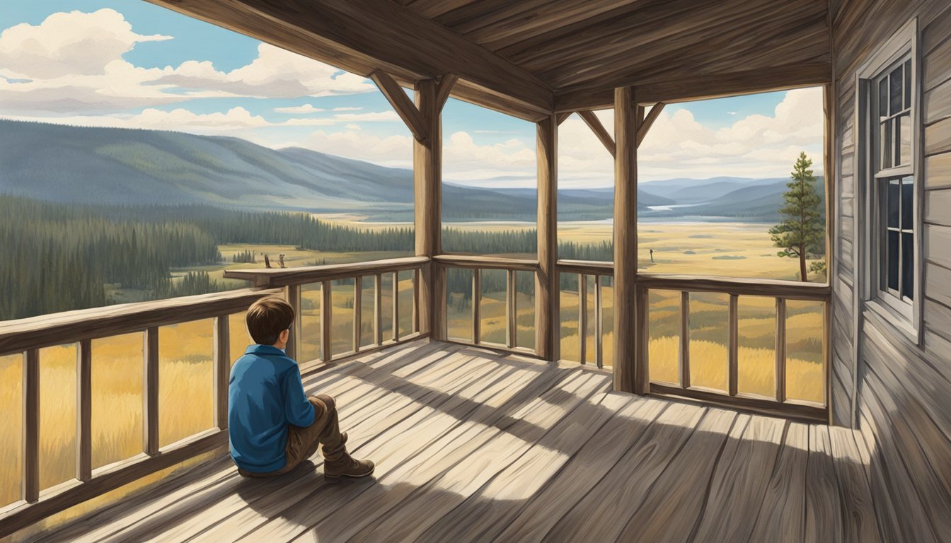 A young boy sits on the porch of a rustic ranch house, gazing out at the vast expanse of the Yellowstone landscape