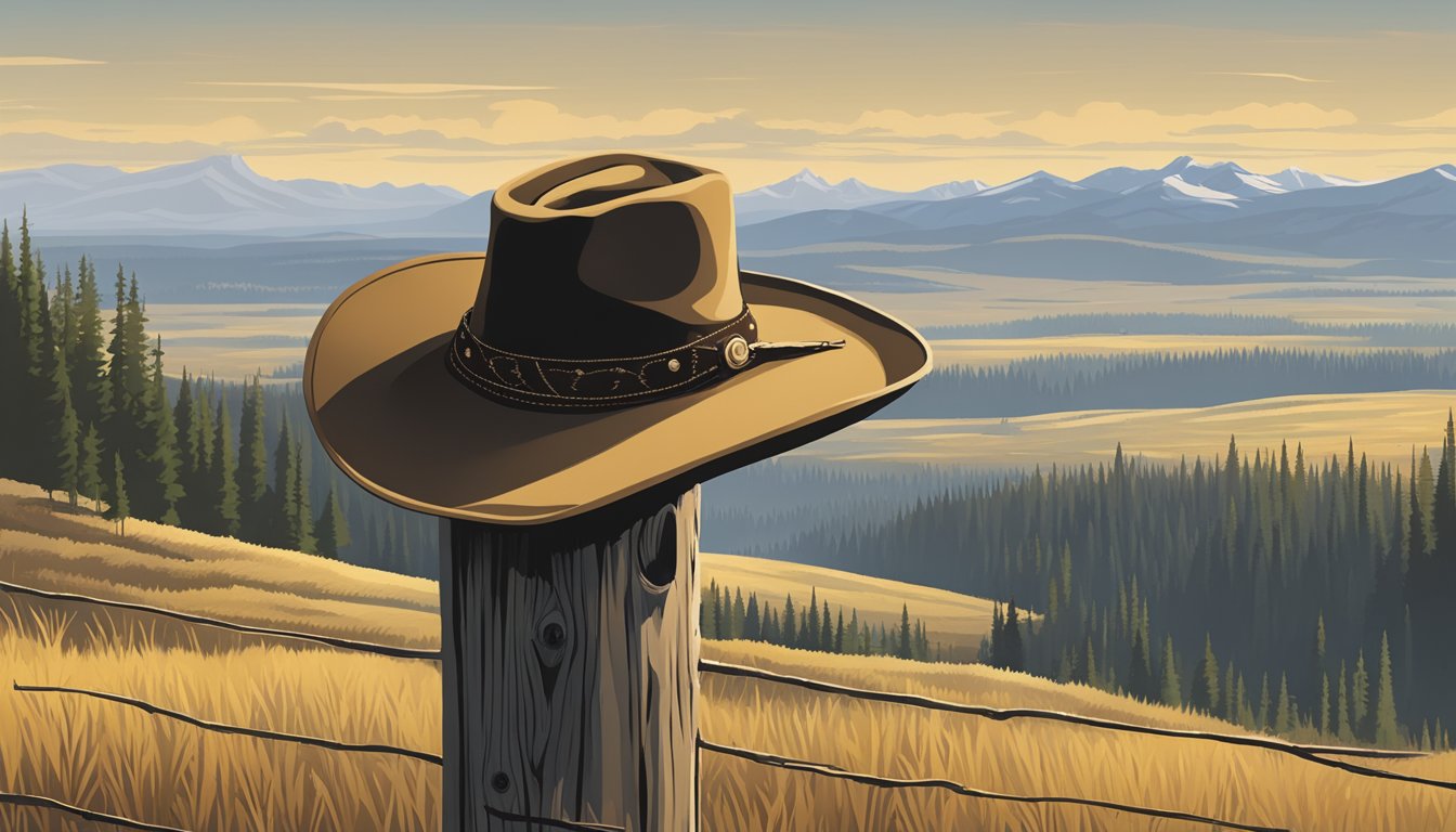 A lone cowboy hat rests on a weathered fence post, surrounded by the vast expanse of the Yellowstone wilderness