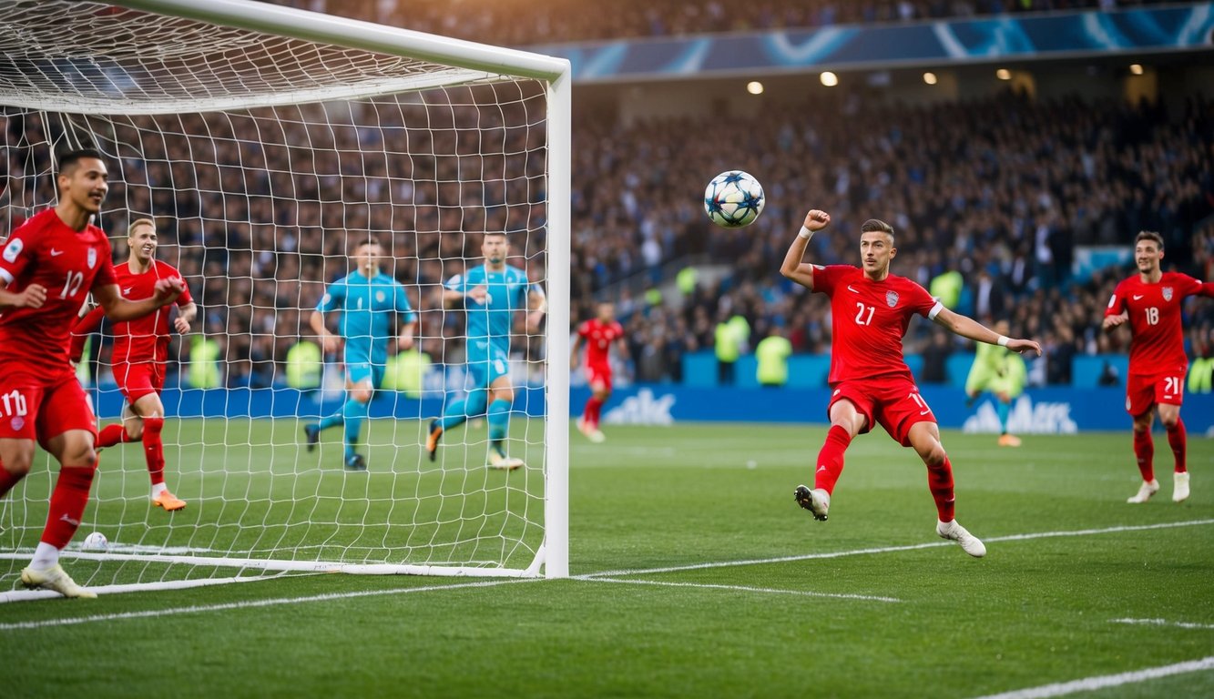 Sebuah bola sepak terbang ke dalam jaring gawang, dengan pemain merayakan di latar belakang