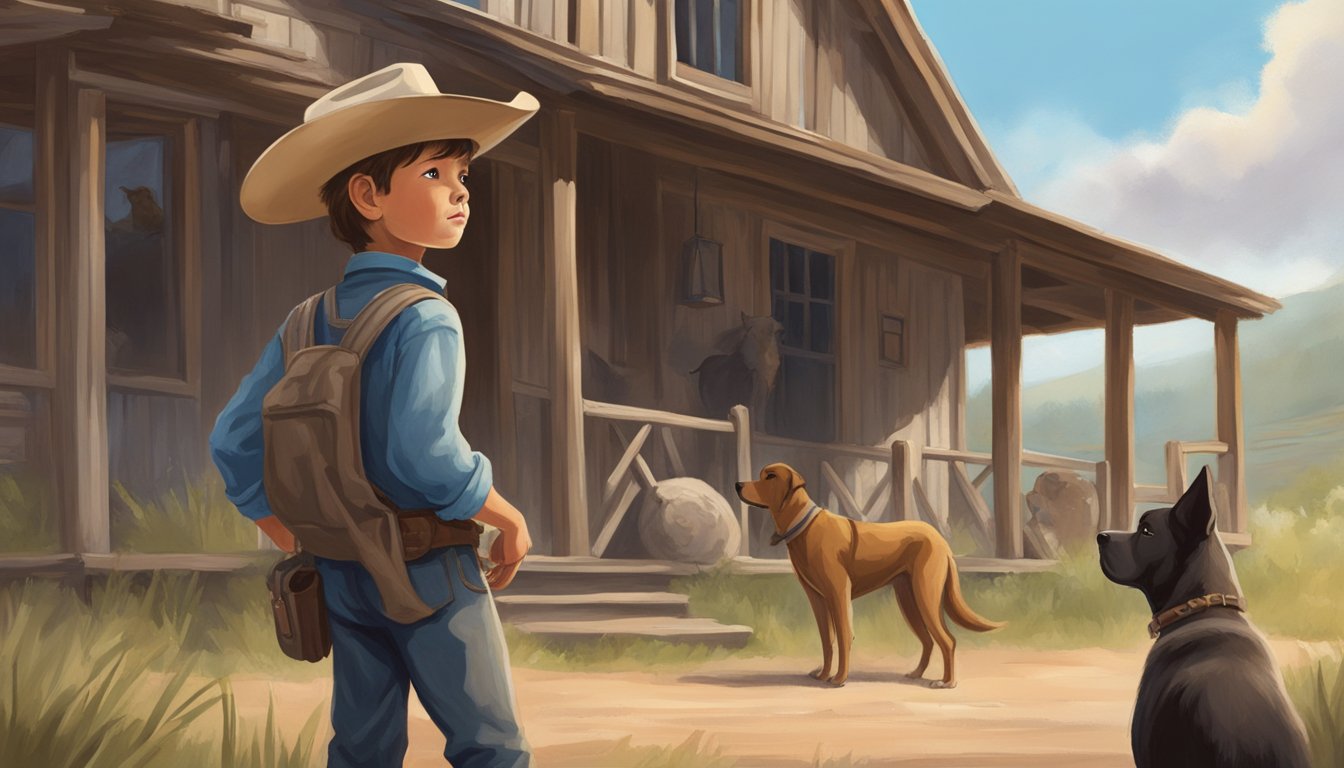 A young boy stands in front of a rustic ranch house, with a cowboy hat on his head and a determined look on his face. A loyal dog sits at his side, gazing up at him