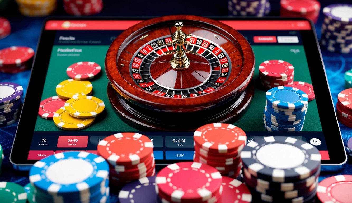 Roda roulette berputar di antarmuka kasino online yang cerah, dikelilingi oleh chip taruhan berwarna-warni dan tampilan digital yang ramping