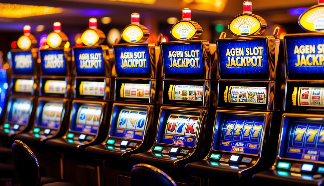 Mesin slot kasino yang terang benderang dengan lampu berkedip dan gulungan berputar. Beberapa mesin dengan logo "Agen Slot Jackpot"