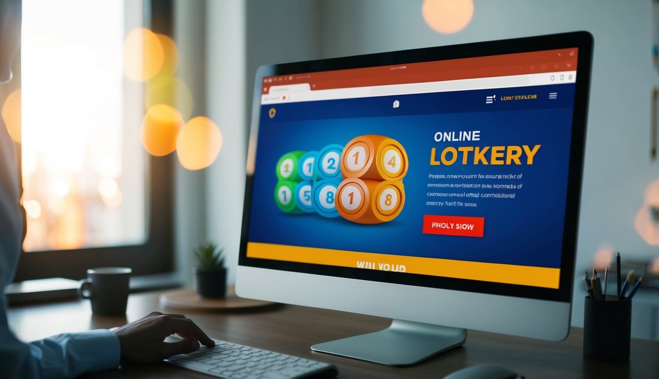 Sebuah layar komputer menampilkan situs web lotere online dengan grafik dan angka berwarna-warni