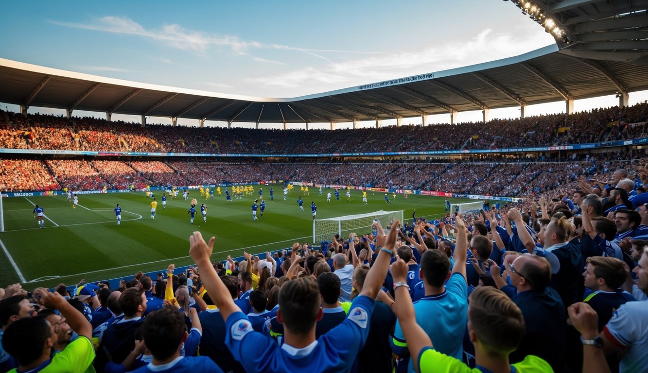 Sebuah stadion yang ramai dengan penggemar yang bersorak dan pemain di lapangan sepak bola