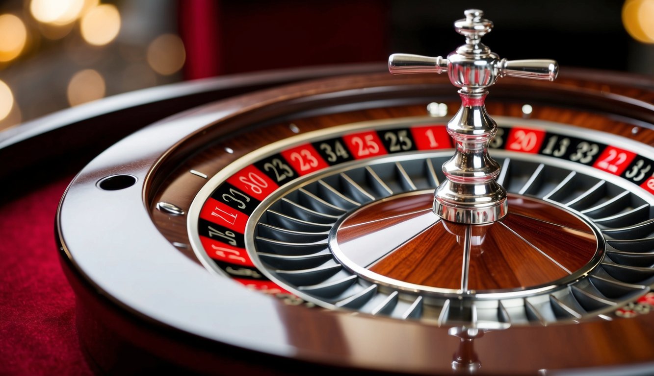 Roda roulette online yang berputar dengan slot bernomor dan bola perak kecil