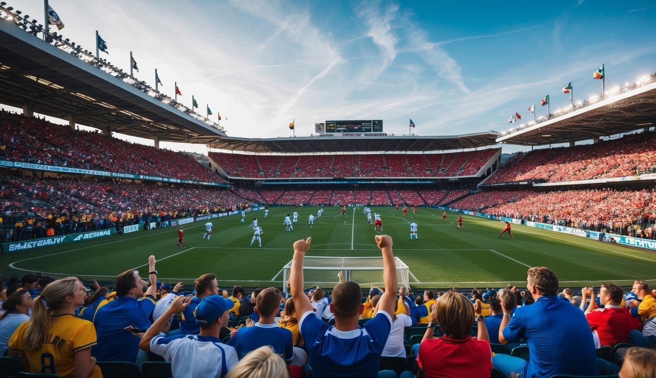 Sebuah stadion olahraga yang ramai dengan penggemar yang bersorak dan pemain di lapangan