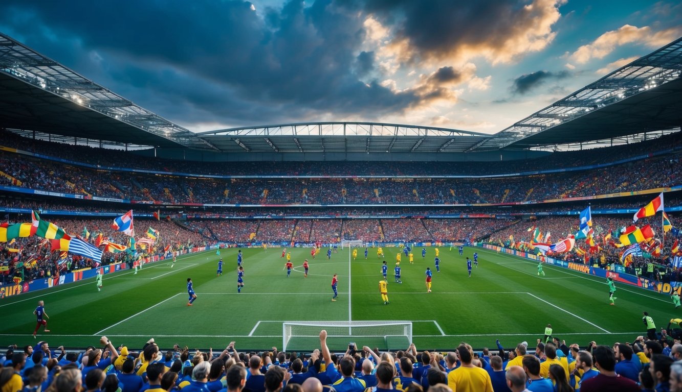 Sebuah stadion sepak bola yang ramai dengan penggemar yang bersorak dan pemain di lapangan, dikelilingi oleh spanduk dan bendera berwarna-warni