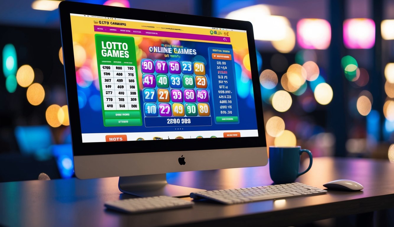 Sebuah layar komputer yang menampilkan situs perjudian online yang berwarna-warni dan hidup dengan berbagai permainan lotto dan angka