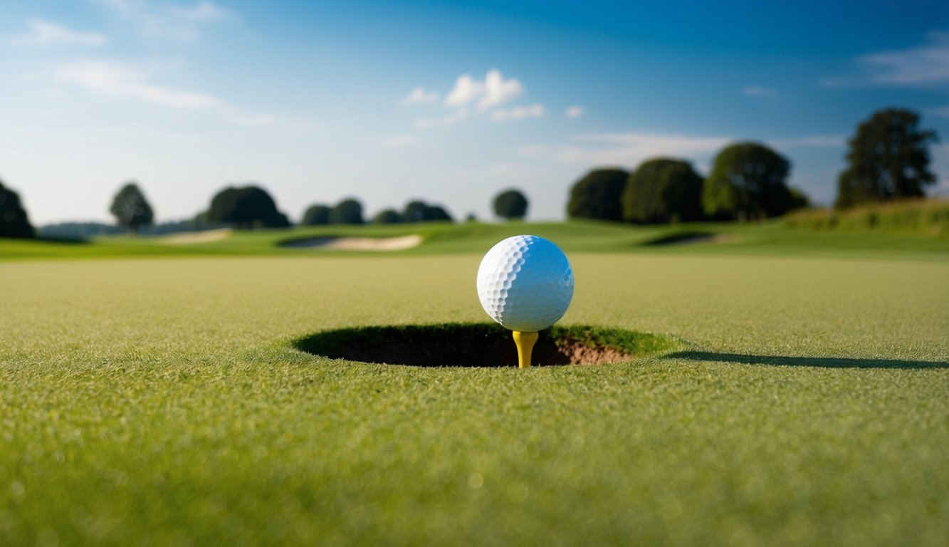 Sebuah bola golf yang bergulir ke lubang di lapangan hijau subur, dengan langit biru cerah dan pepohonan jauh di sana