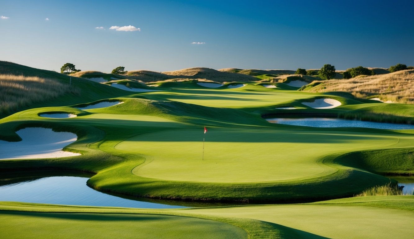 Sebuah lapangan golf yang tenang dengan jalur hijau subur, bukit-bukit yang bergelombang, dan langit biru yang cerah. Perangkap pasir dan bahaya air menghiasi lanskap, dengan bendera yang menandai lokasi lubang yang jauh.