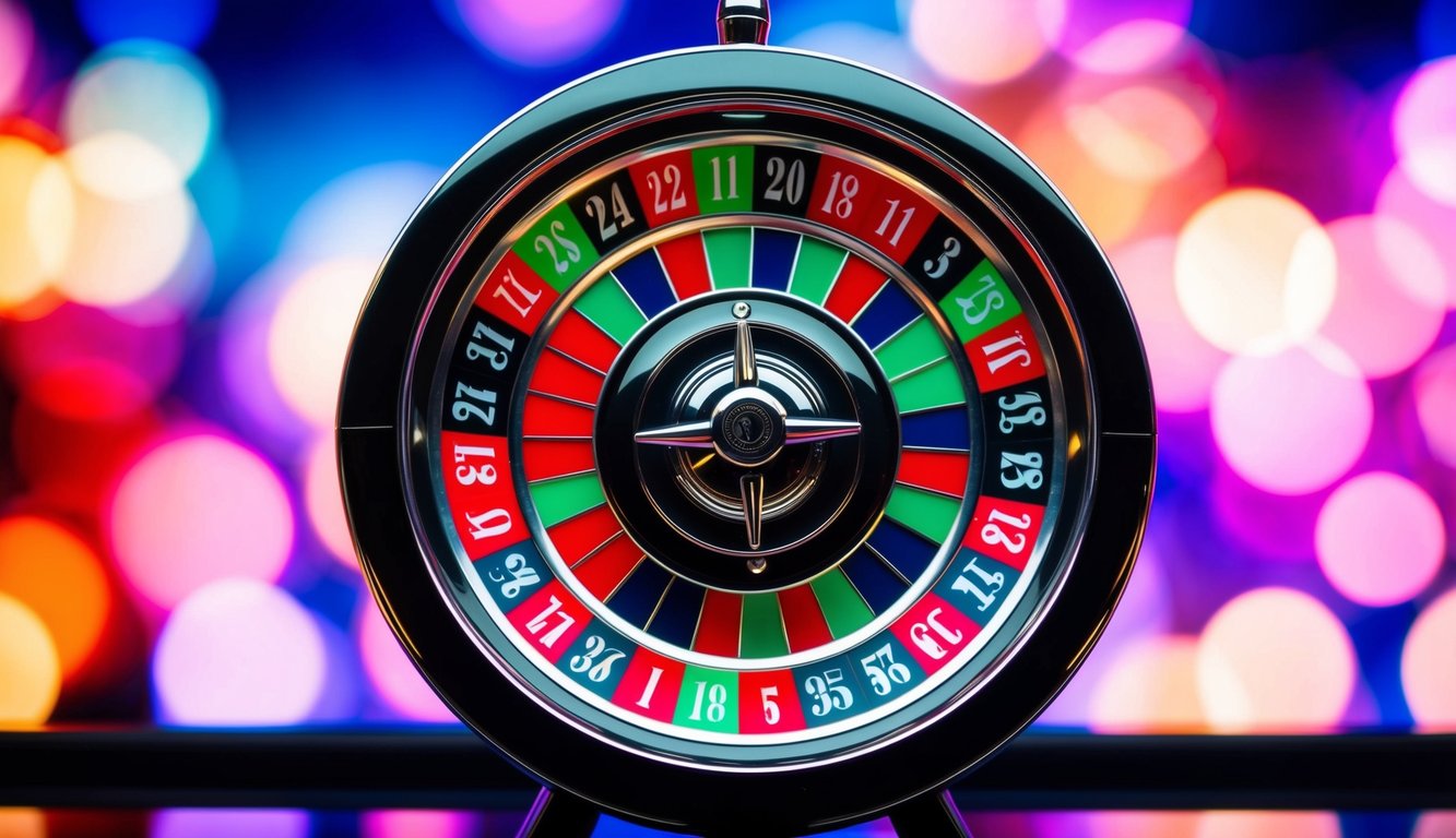 Sebuah roda roulette yang ramping dan modern berputar di latar belakang kasino yang penuh warna. Slot-slot berwarna dan bernomor menciptakan suasana yang menarik untuk permainan online.