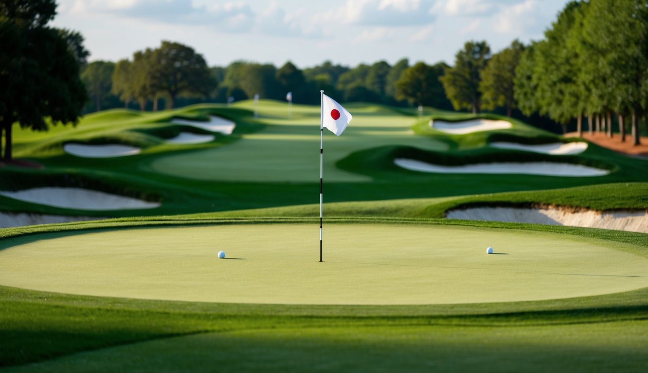 Sebuah lapangan golf dengan fairway hijau subur, perangkap pasir, dan tiang bendera di green putting yang terawat dengan baik