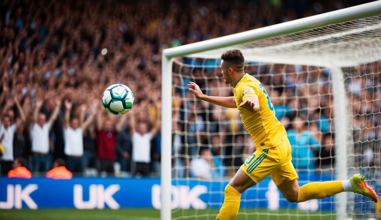 Sebuah bola sepak meluncur ke dalam jaring gawang dengan para penggemar yang bersorak di latar belakang