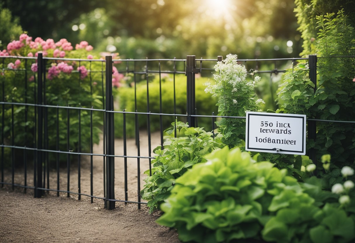 A lush garden with growing plants and blooming flowers, surrounded by a fence with a sign indicating staking rewards