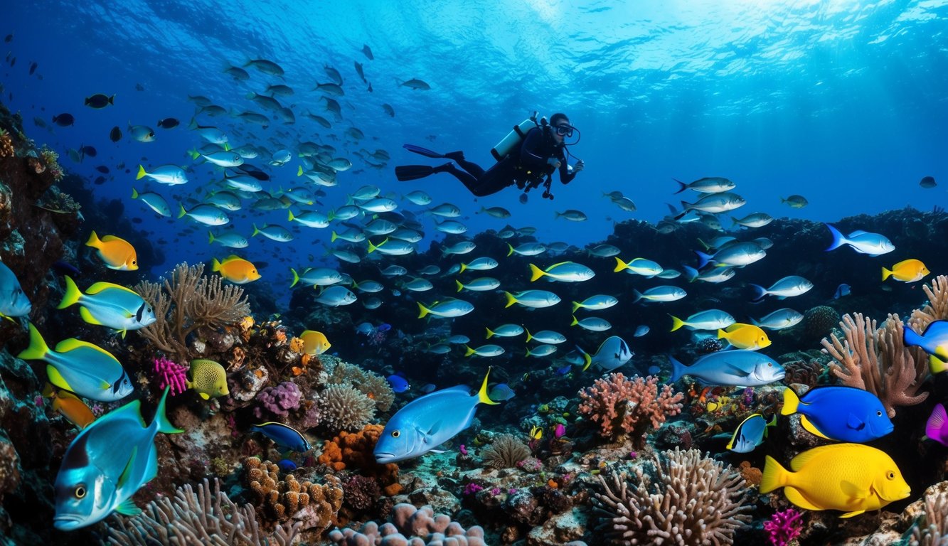 Sebuah dunia bawah laut yang dipenuhi dengan kehidupan laut berwarna-warni dan berbagai spesies ikan, di latar belakang terumbu karang yang cerah dan arus yang berputar.