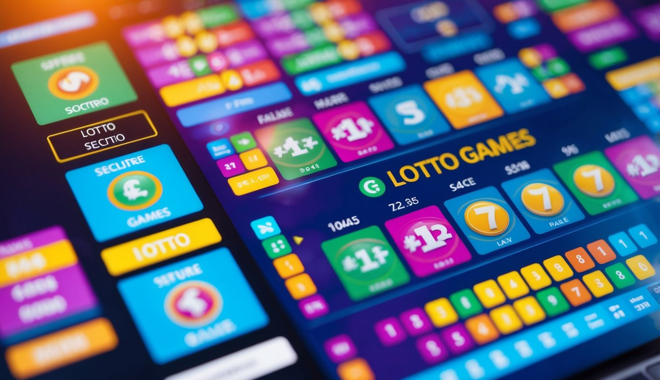 Antarmuka digital yang berwarna-warni dan dinamis dengan berbagai permainan lotto dan sistem transaksi online yang aman