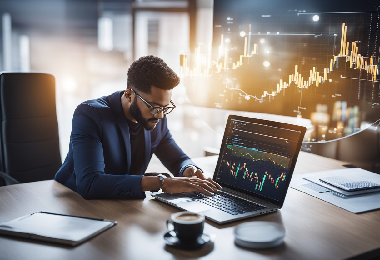 A person researching on a laptop surrounded by books, graphs, and charts, with a visible focus on cryptocurrency and investment strategies