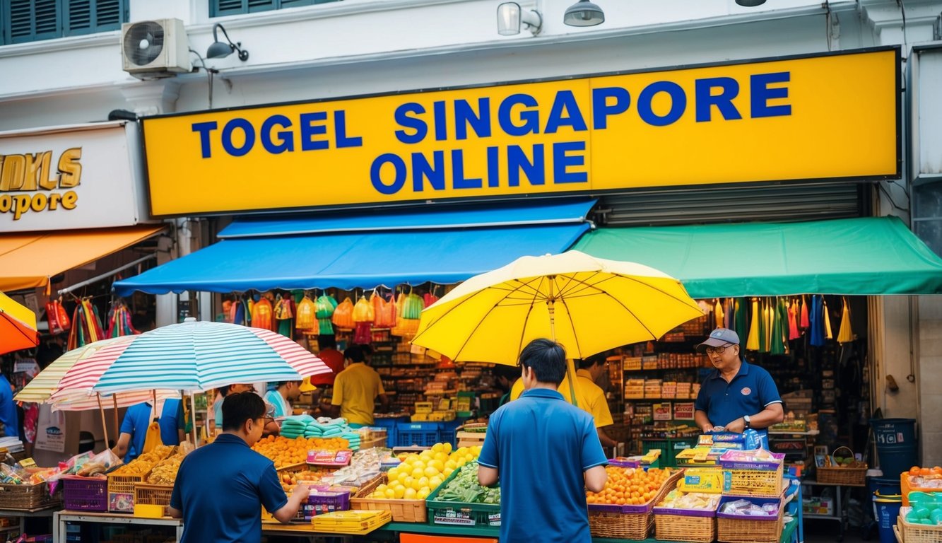 Pasar yang ramai dan berwarna-warni dengan para pedagang menjual barang di bawah payung yang cerah. Sebuah papan tanda mencolok bertuliskan "Togel Singapore Online" di atas etalase yang sibuk.