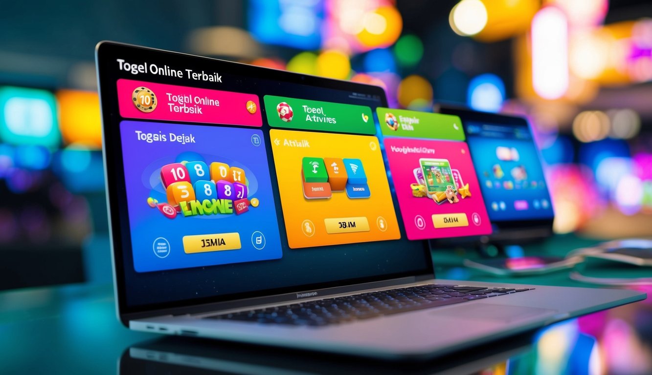 Antarmuka digital yang berwarna-warni dan dinamis menampilkan berbagai permainan dan aktivitas Togel Online Terbaik, dengan elemen desain yang ramping dan modern