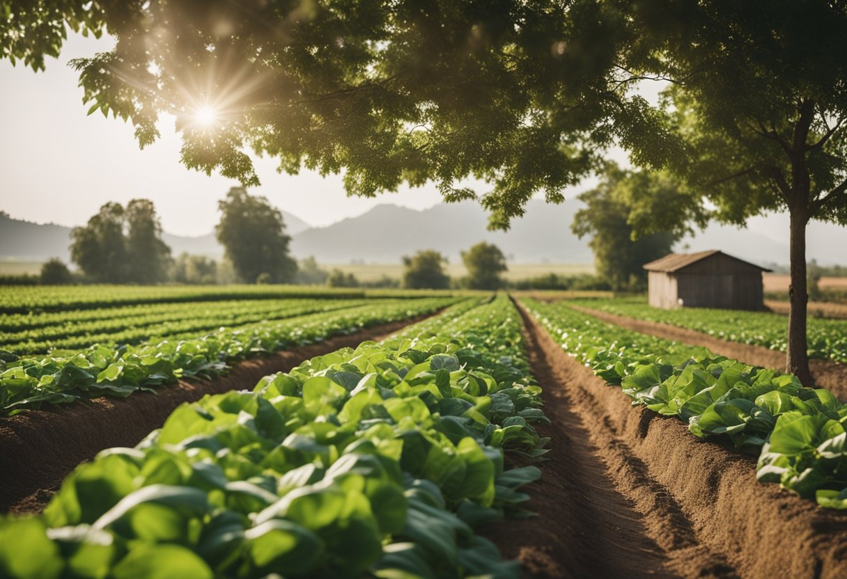 A lush farm with various crops growing in organized plots, surrounded by a network of interconnected pathways and irrigation systems