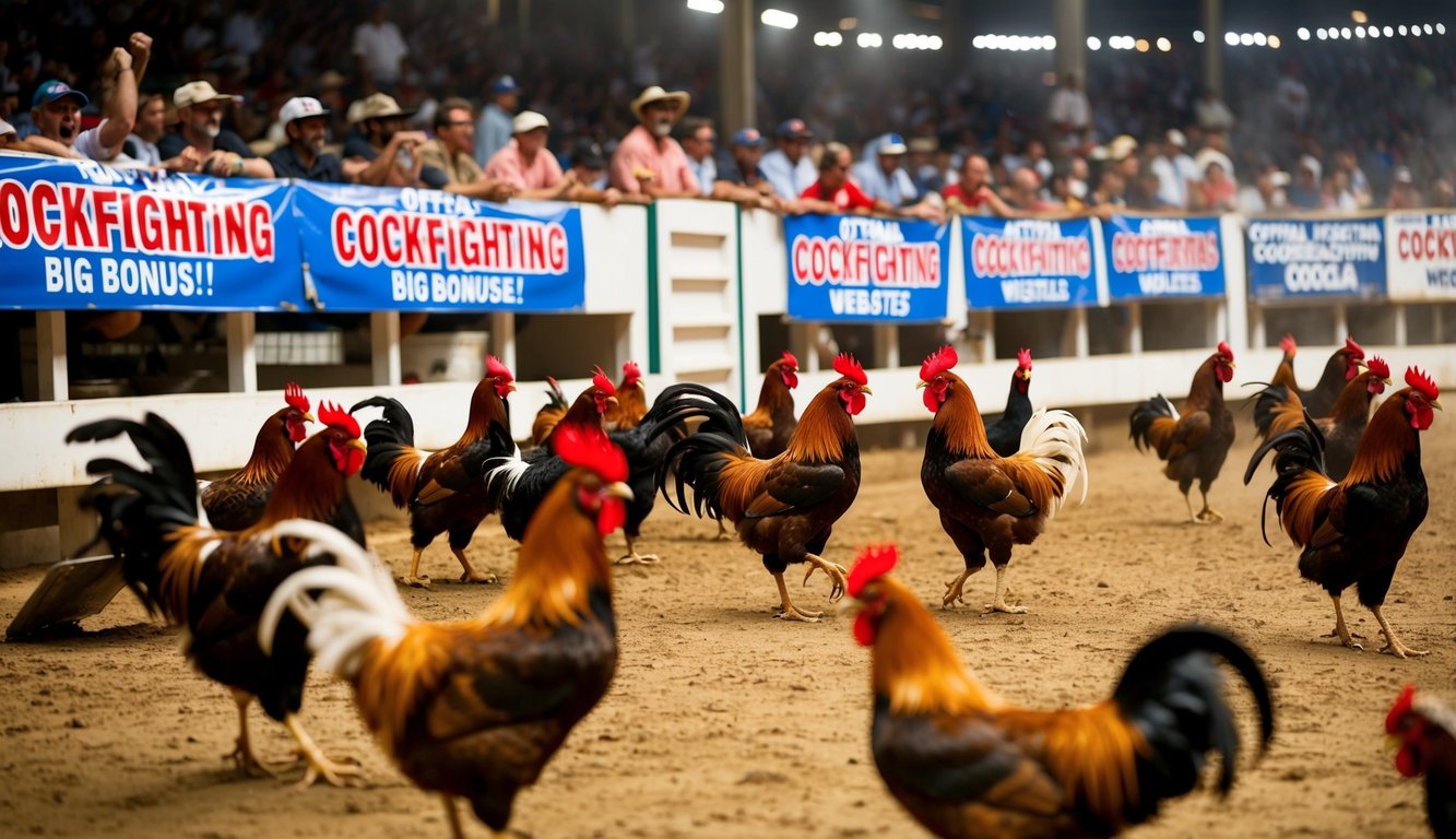 Sebuah arena yang ramai dengan ayam jantan bertarung, penonton bersorak, dan spanduk yang mengiklankan situs resmi sabung ayam dengan bonus besar