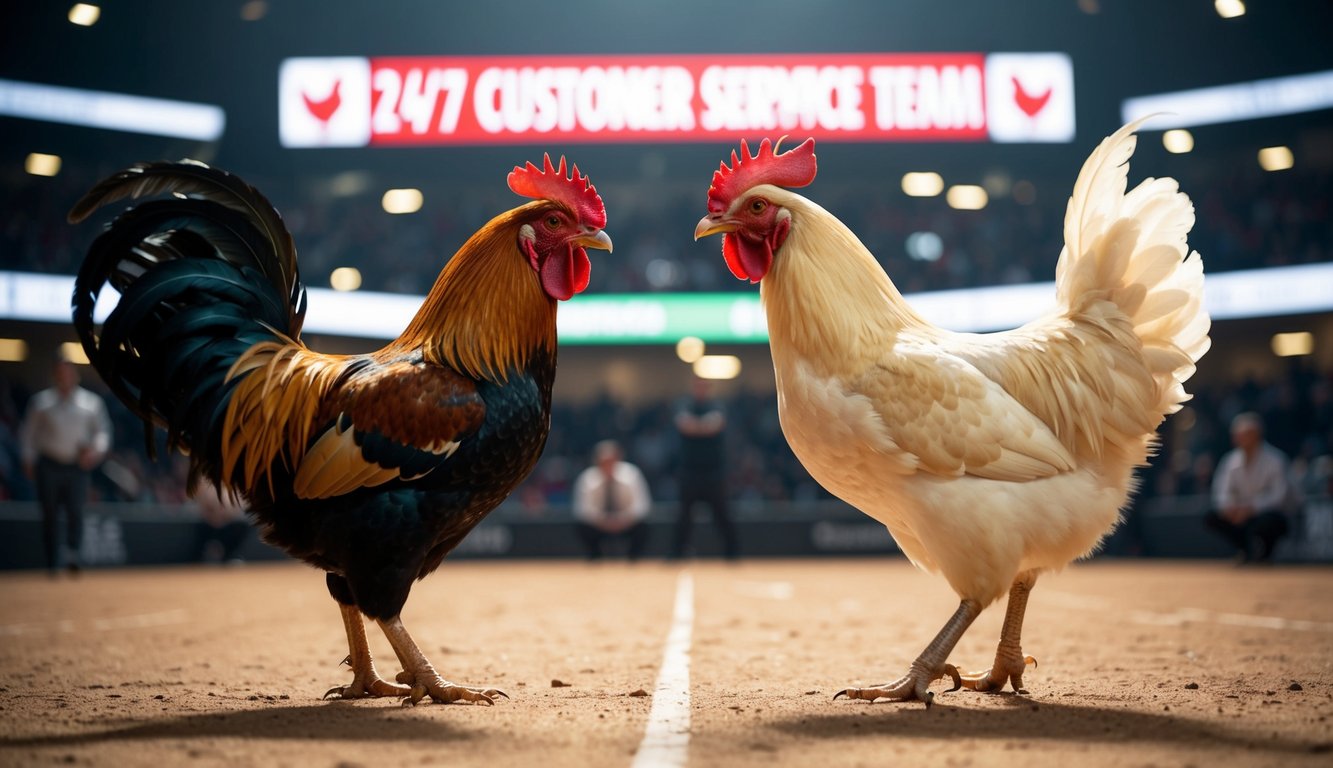 Seekor ayam jantan dan seekor ayam betina berhadapan di arena sabung ayam online, dikelilingi oleh tim layanan pelanggan 24/7