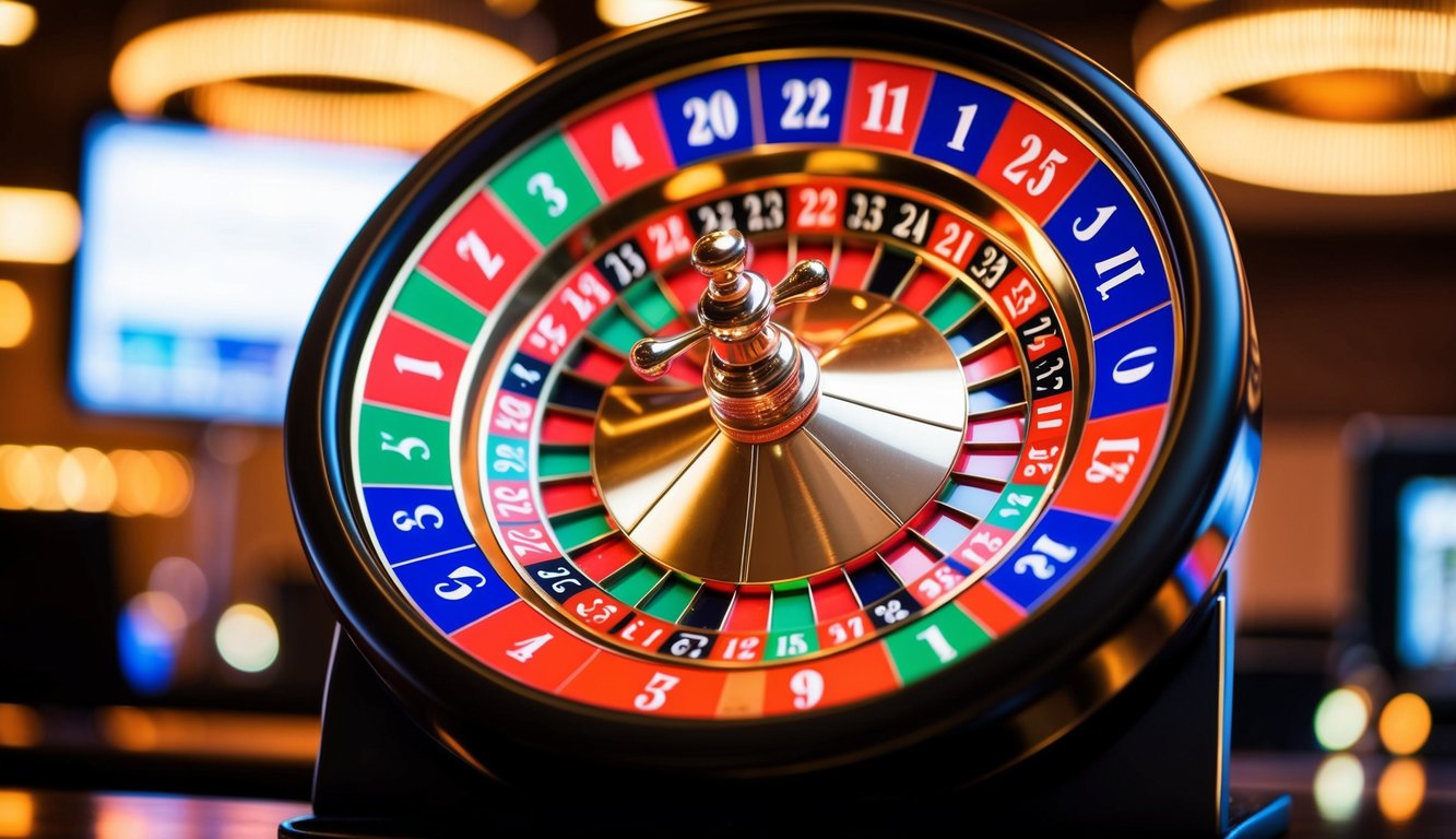 Roda roulette online yang berputar dengan slot bernomor berwarna-warni dan antarmuka yang ramping dan modern