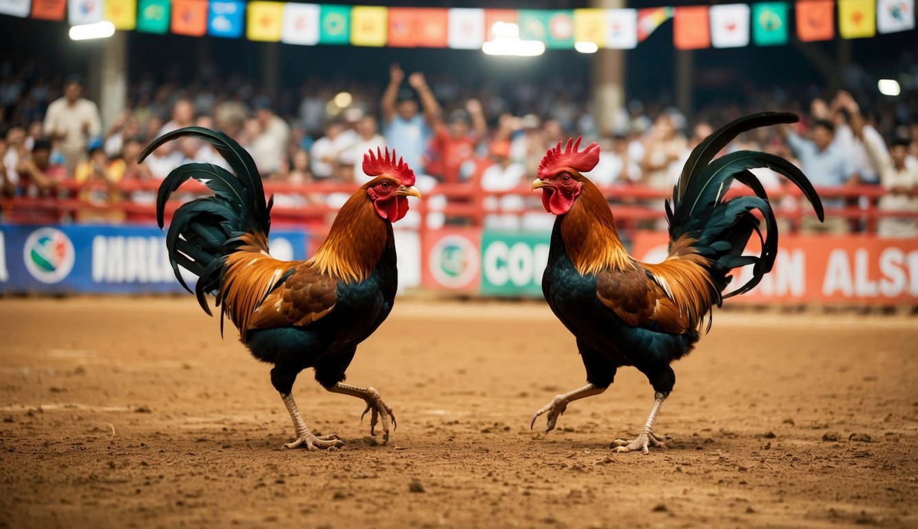 Sebuah arena yang ramai dengan dua ayam jantan yang berhadapan dalam pertandingan sabung ayam tradisional, dikelilingi oleh penonton yang bersorak-sorai dan spanduk berwarna-warni