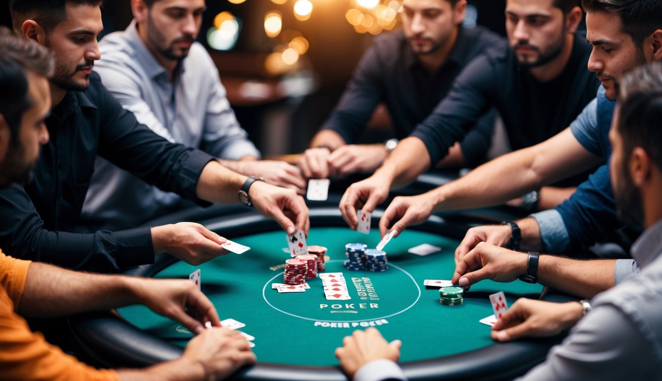 Sekelompok pemain poker berkumpul di sekitar meja, masing-masing memegang kartu mereka dan memasang taruhan saat mereka bermain online.