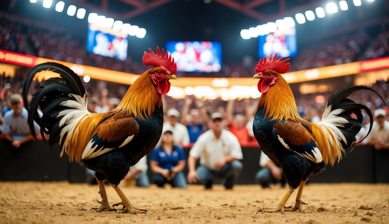 Dua ayam jantan berhadapan di arena yang ramai dan terang, dikelilingi oleh penonton yang bersorak.