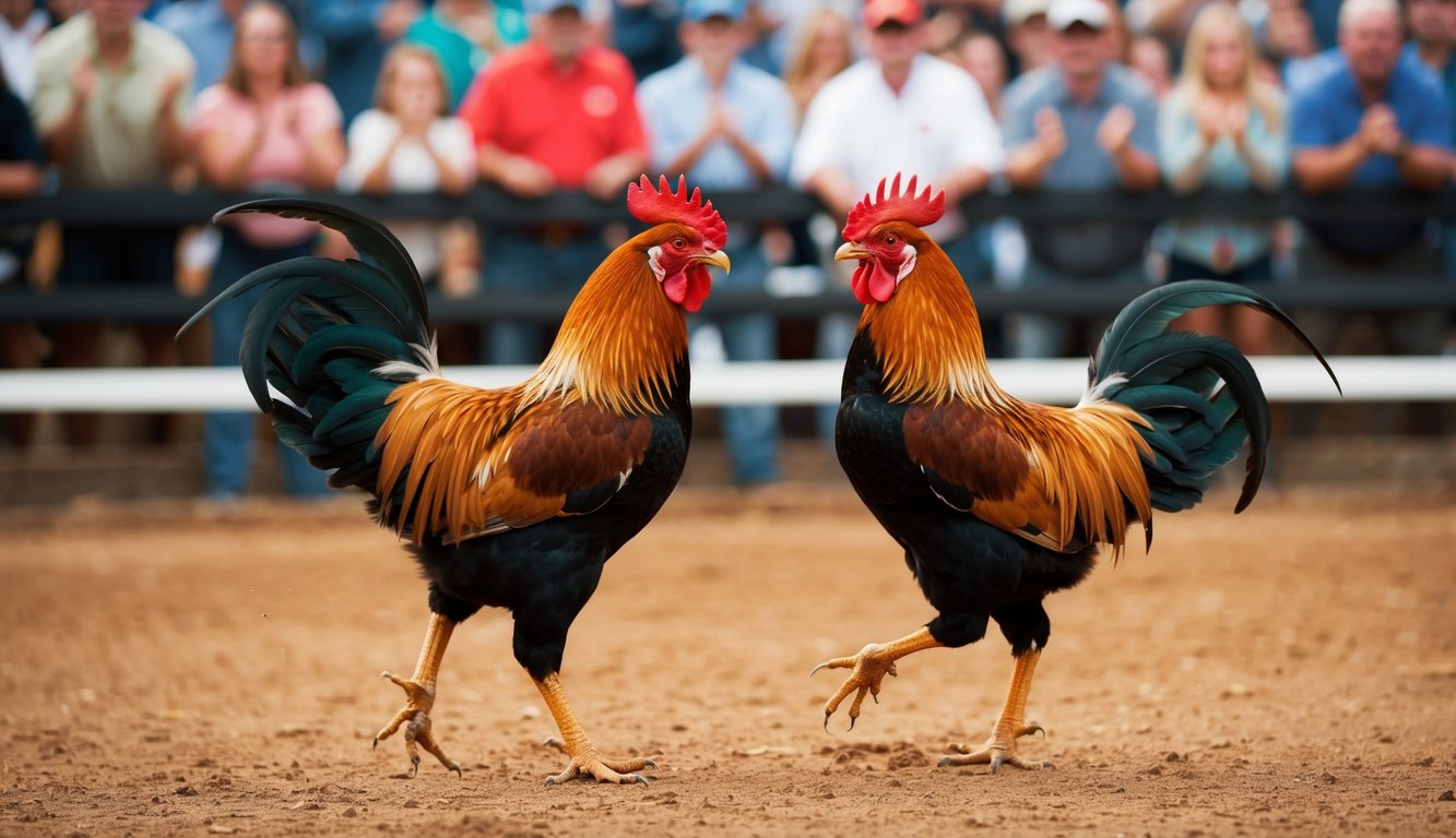 Dua ayam jantan bertarung di arena tanah yang dikelilingi oleh penonton yang bersorak