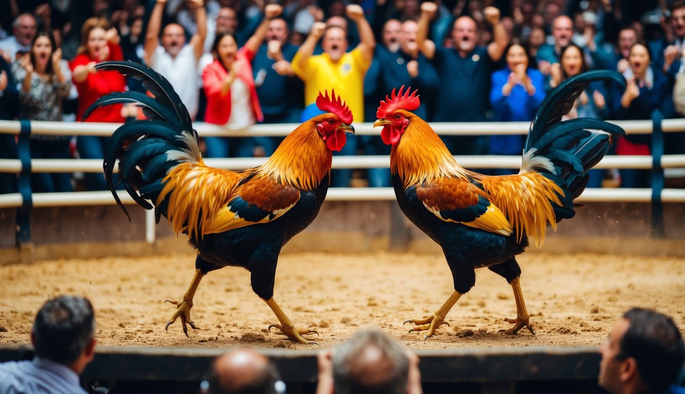 Dua ayam jantan bertarung dengan sengit di arena yang ramai, dikelilingi oleh penonton yang antusias bersorak-sorai dan memasang taruhan pada hasilnya.