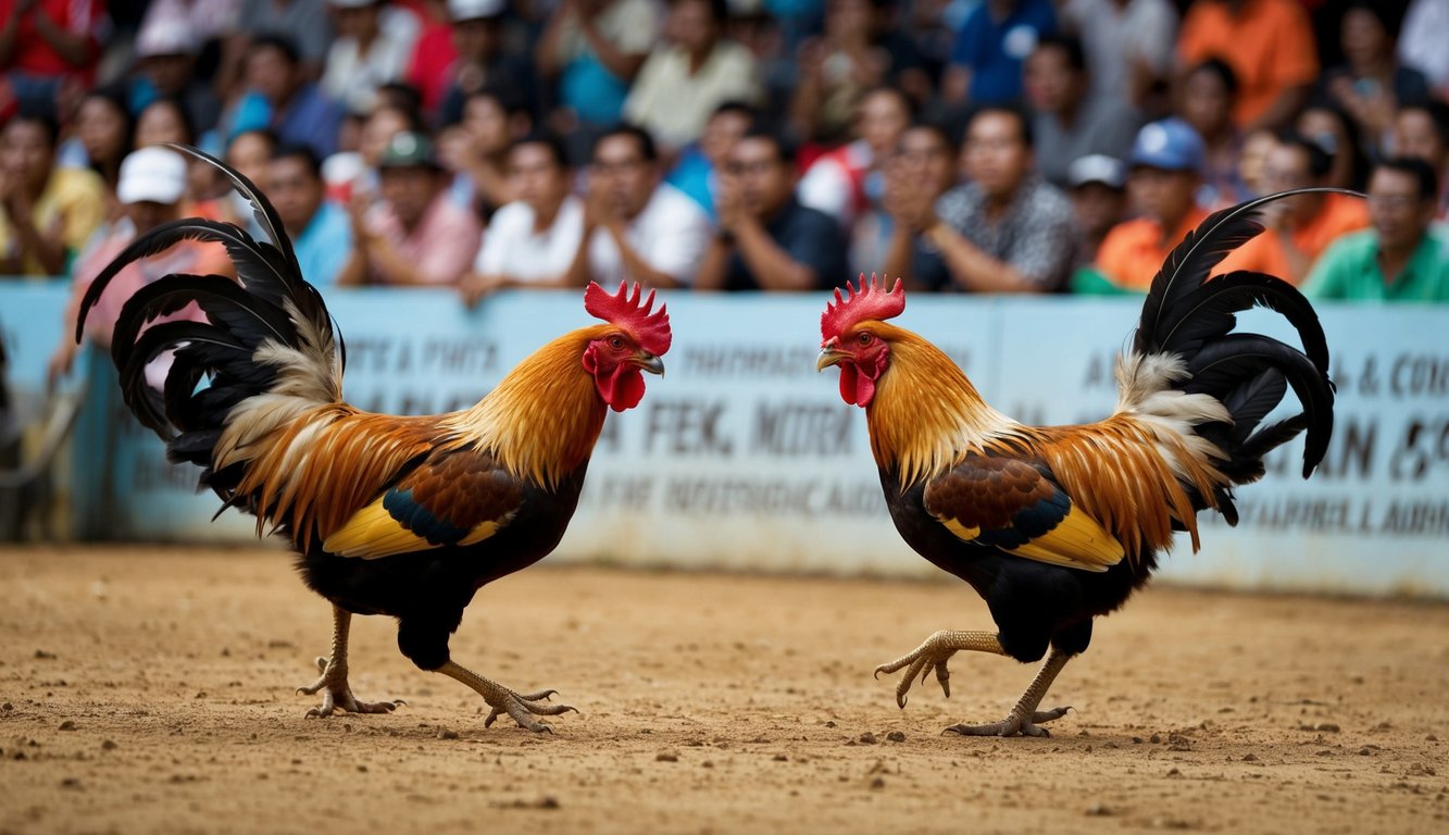 Sebuah arena yang ramai dengan dua ayam jantan yang berhadapan dalam acara sabung ayam tradisional Indonesia. Suasana sangat intens saat para penonton mendukung burung pilihan mereka.