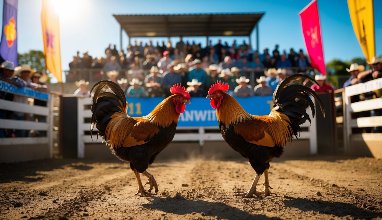 Dua ayam jantan berhadapan di arena tanah, dikelilingi oleh penonton yang bersorak-sorai dan spanduk berwarna-warni. Matahari pagi memancarkan bayangan panjang di seluruh adegan yang hidup.