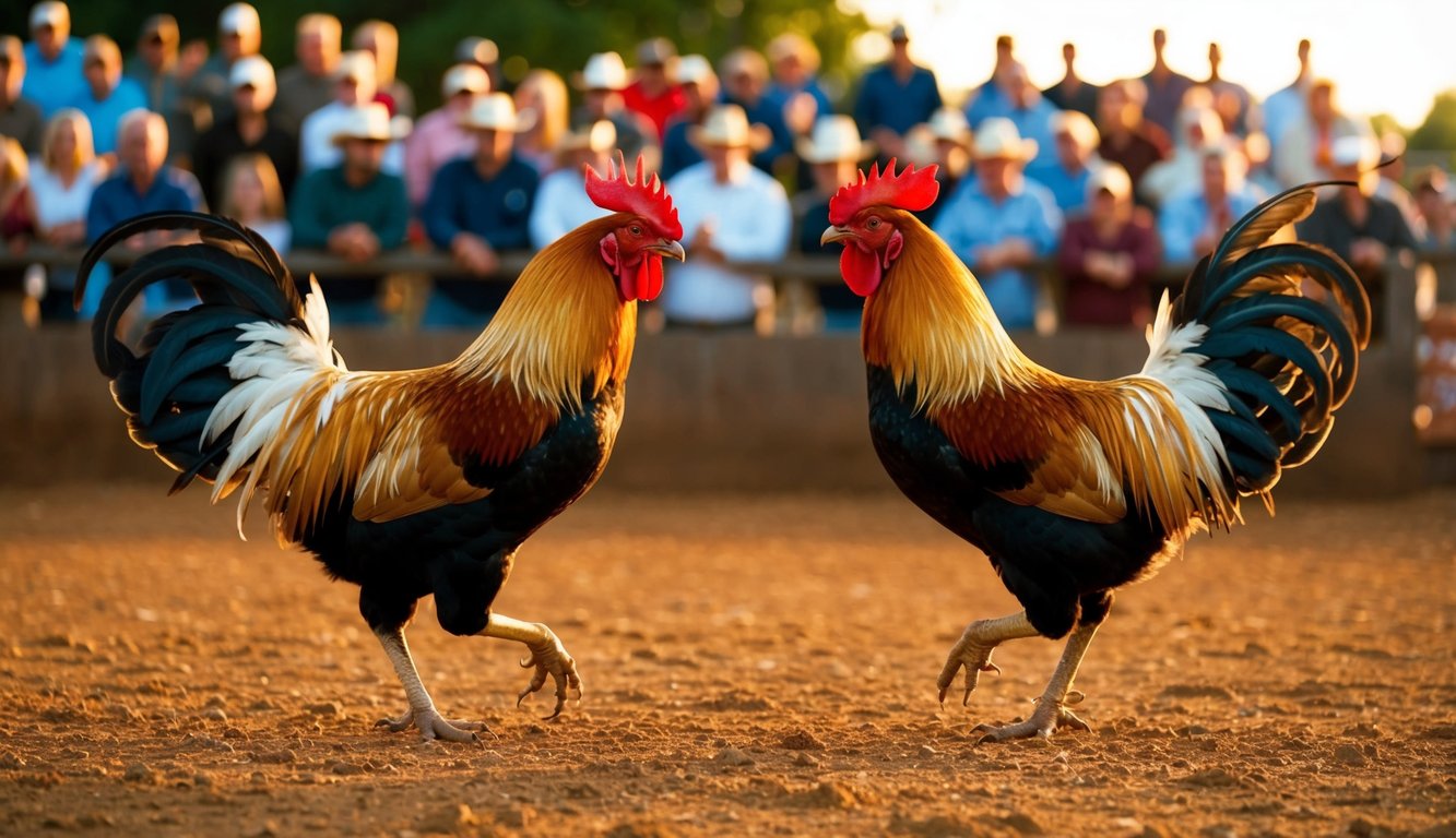 Dua ayam jantan berhadapan di arena tanah, dikelilingi oleh kerumunan penonton yang bersorak. Matahari terbenam, memancarkan cahaya hangat di atas pemandangan.