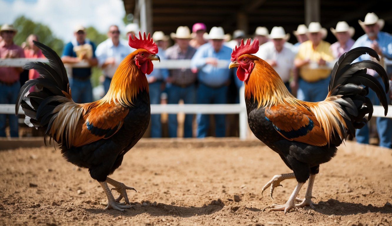 Dua ayam jantan saling berhadapan di dalam lubang tanah, bulu-bulu mereka mengembang, paruh terbuka, siap untuk bertarung. Kerumunan penonton mengelilingi lubang, bersorak dan memasang taruhan.