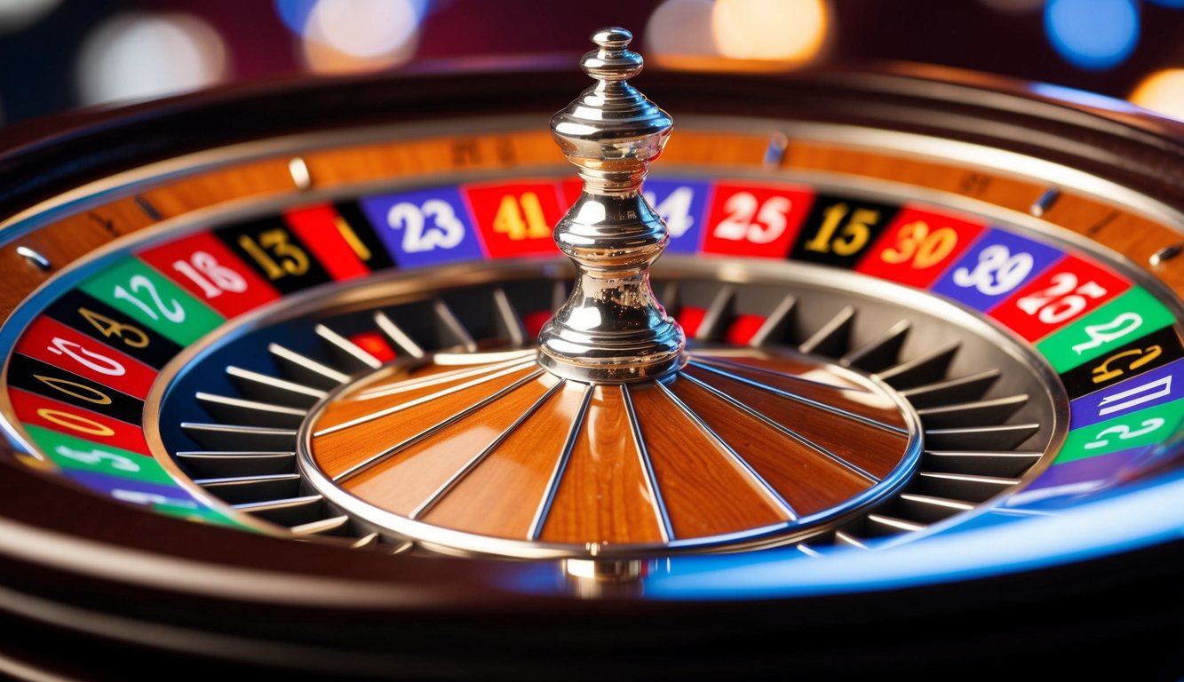 Roda roulette yang berputar dengan slot bernomor berwarna-warni dan bola perak kecil yang bergerak