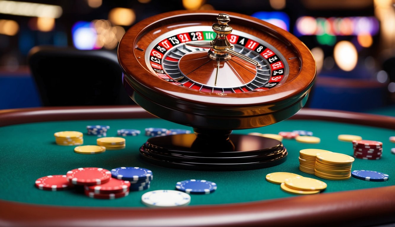 Roda roulette berputar di situs kasino online yang penuh warna dengan chip-chip berwarna-warni tersebar di sekitarnya